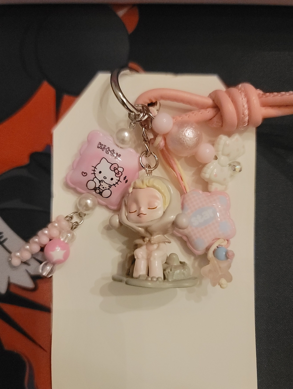 NWT- Custom Skull Panda Themed Pink & Green Keychain/Bag Charm with Beads